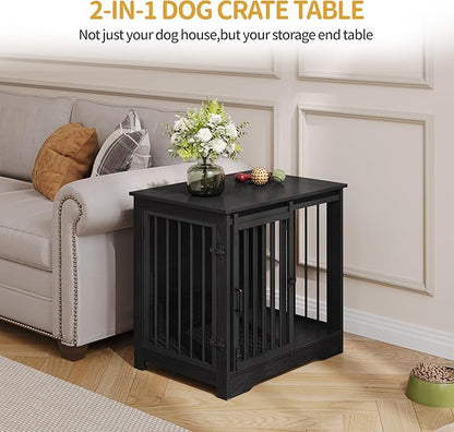 Hzuaneri 27.2" Dog Crate Furniture with Barn Door, Heavy Duty Dog Kennel Indoor with 2 Doors, Wooden Pet Cage End Table for Small Medium Dogs up to 22 lb, Anti-Chew Anti-Escape, Black DFC84304B