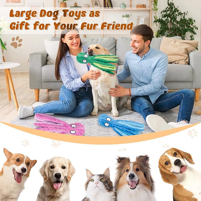 3 Pack Dog Toys for Small Dogs, Medium Dogs, Large Dogs, Puppy Teething Chew Toys, aggressive chewers, No Stuffing Crinkle Plush Dog Toys, Dog Squeaky Octopus Toys
