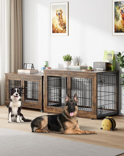 YaFiti Dog Crate Furniture with Cushion Set of 2, Wooden Dog Kennel Indoor with Double Doors, Dog Cage with Wheels, Dog House Side End Table for Large Dogs up to 85 lb, 44" L, Rustic Brown