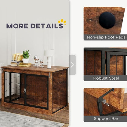PawHut 39" Dog Crate Furniture with Flip-up Top Opening, Decorative Dog Kennel Furniture Side Table with 2 Doors for Large Breeds, Rustic Brown