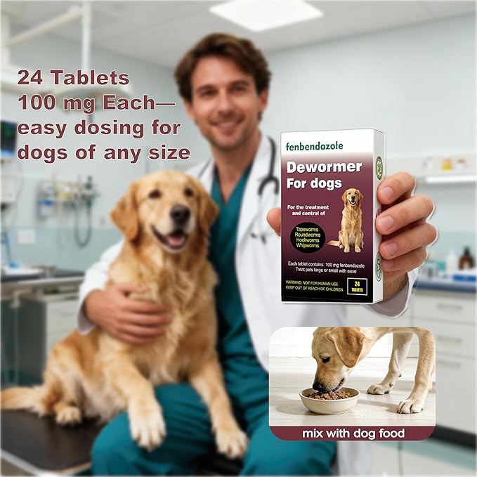 Dewormer for Dogs, Fenbendazole for All Wormers, Tapeworms, Roundworms, Hookworms and Whipworms, 24 Count(Pack of 1)