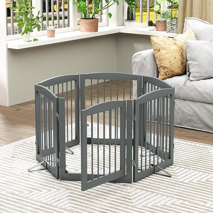 PUPETPO Freestanding Pet Gates with Walk Through Door, Dog Indoor Fence, Dog Gate for The House, Doorway, Stairs, Extra Wide Pet Gate, Support Feet Included, 120 Inch Wide, 6 Panels 24" Tall, Gray