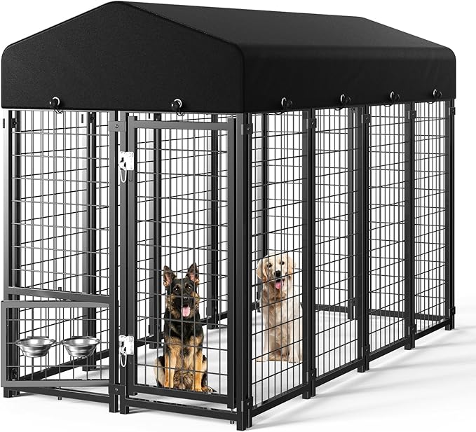 Dog Kennel Outdoor, Large Outside Dog Kennel with Roof & Swivel Feeders/Removable Doggy Door Allow Connecting Your Dog House, Heavy Duty Dog Run Pen for Medium/Large Dogs (8'L x 4'W x 6'H)