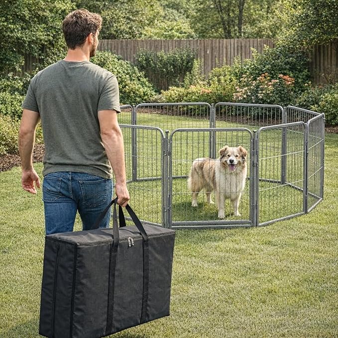 Dog Playpen w/Carrying Case for Indoor or Outdoor Use – 40 Inch, 16 Grey Panels - Portable Metal Exercise Pen for Medium & Large Dogs - Pet Fence Kennel Crate for House, RV, or Travel