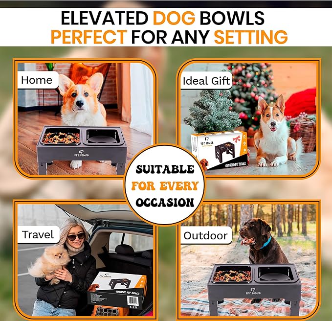 Dog Bowls Elevated Large Breed, Raised Dog Bowl Stand with 4 Adjustable Height, Slow Feeder Dog Bowls & No-Spill Water Bowl for Small, Medium, Large Dogs