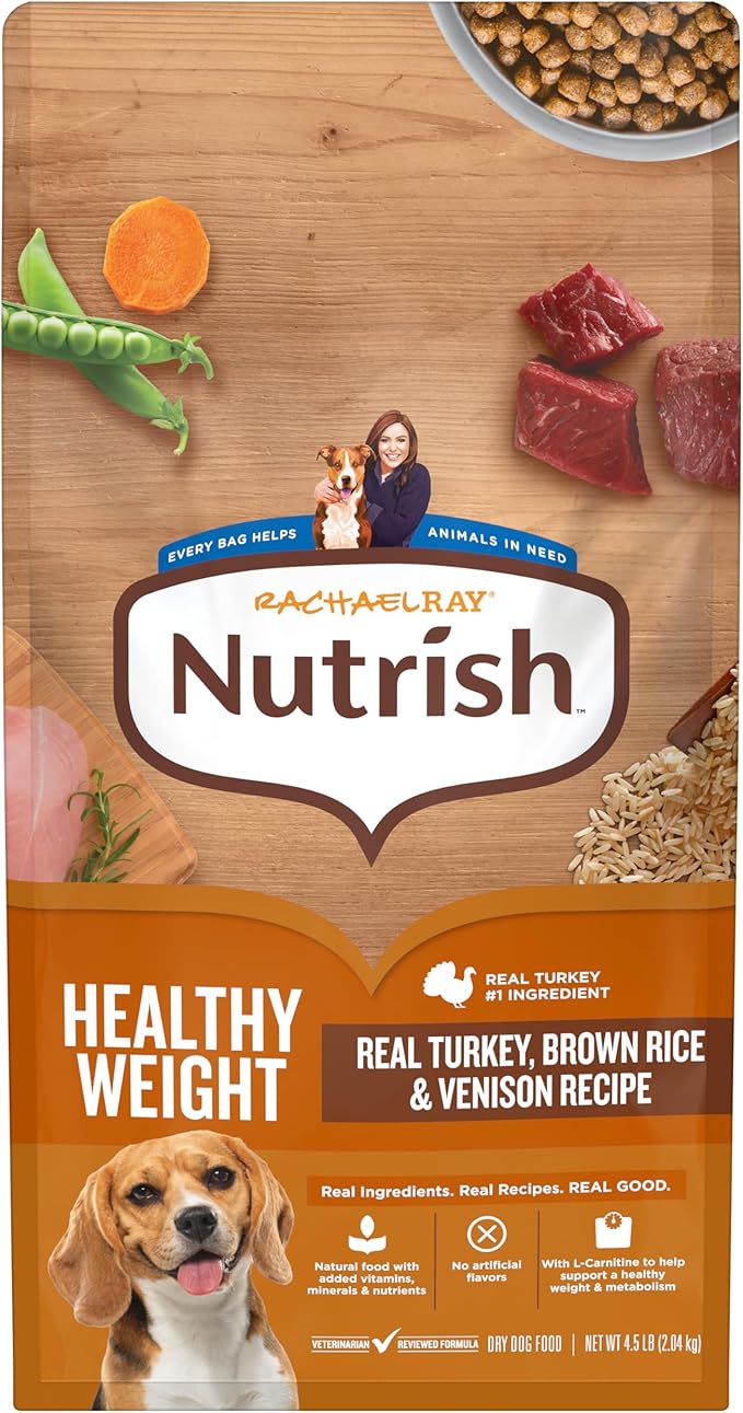 Nutrish Rachael Ray Healthy Weight Adult Dry Dog Food Real Turkey, Brown Rice & Venison Recipe, 4.5 lb. Bag