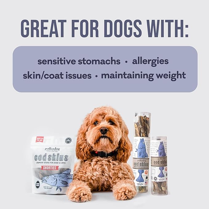 Polkadog Cod Skins for Dogs (2lb Shortie) - Single Ingredient, Wild-Caught Fish Skin Natural Dog Treat Chews. High in Lean Protein & Omega 3. Hypoallergenic, Grain Free. Handcrafted & Made in USA