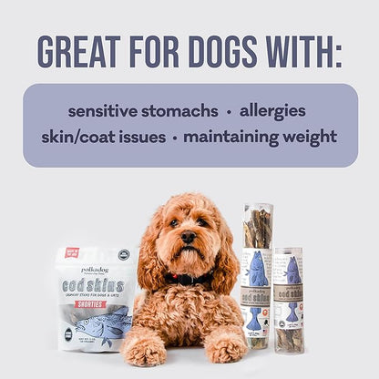 Polkadog Cod Skins for Dogs (2lb Shortie) - Single Ingredient, Wild-Caught Fish Skin Natural Dog Treat Chews. High in Lean Protein & Omega 3. Hypoallergenic, Grain Free. Handcrafted & Made in USA