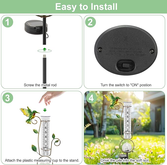 Rain Gauge Outdoor - Solar Rain Gauges Hummingbird Decorative with Color Changing LED Cracked Ball Lights 7" Freeze Proof Tube Rain Gauge Outdoors Best Rated for Yard Lawn Patio Garden Decor
