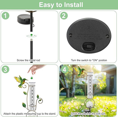 Rain Gauge Outdoor - Solar Rain Gauges Hummingbird Decorative with Color Changing LED Cracked Ball Lights 7" Freeze Proof Tube Rain Gauge Outdoors Best Rated for Yard Lawn Patio Garden Decor