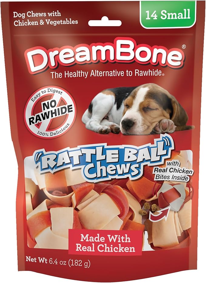 DreamBone RattleBall Small Chews 14 Count, Rawhide-Free Chews For Dogs, With Real Chicken Treats Inside