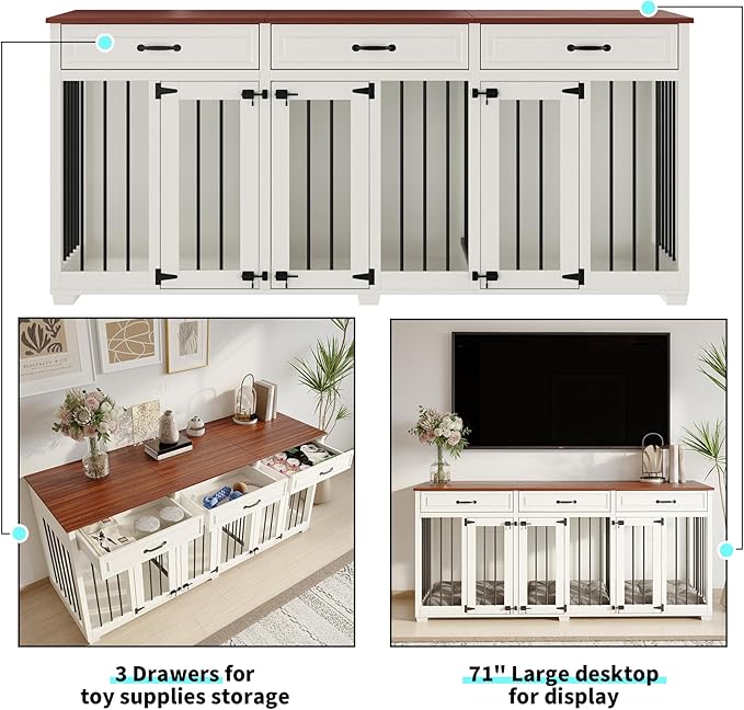 Dog Crate Furniture - Indoor Wooden Dog Kennel Crate Furniture with 2 Dividers, 3 Drawers, and 3 Lockable Doors, 72"x23.6"x31.5"H, White