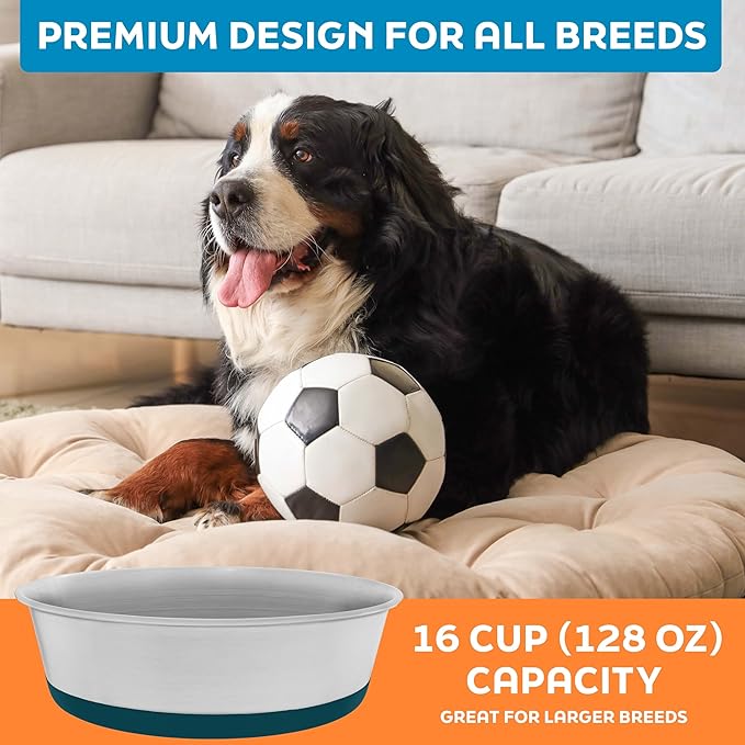 Master Pet Supply Stainless Steel Dog Bowls Set of 2 with Extra Thick Silicone Base - 16 Cup (128 oz) Emerald Sea, Non-Slip, Dishwasher Safe Metal Bowls, Pet Dog Food Bowl for Dogs, Cats, Anti Rust