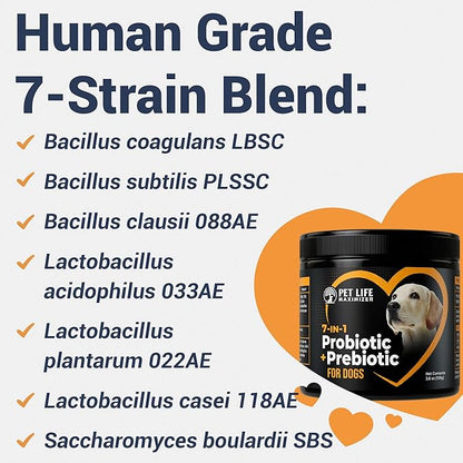 7-in-1 Probiotic + Prebiotic for Dogs. For Digestive Health, Yeast, Itchy Skin, Itchy Ears, Paw Licking. Dog Gut Health Probiotics Supplement 5 Billion CFU Multi-Strain Formula. Daily Powder Topper