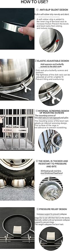 Dog Crate Water Bowl No Spill, Stainless Steel Hanging Large Dog Crate Water Bowls with Metal L-Shaped Feeder for Kennel, S(1100ml/37oz)