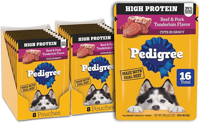Pedigree High Protein Dog Food, Adult Wet Dog Food Pouches, Beef & Pork Tenderloin, 3.5 oz. Pouches, 16 Count