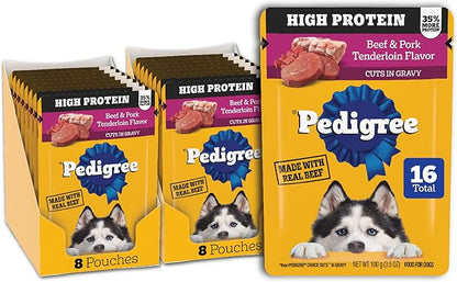 Pedigree High Protein Dog Food, Adult Wet Dog Food Pouches, Beef & Pork Tenderloin, 3.5 oz. Pouches, 16 Count