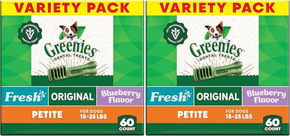 Greenies Veterinarian-Recommended Adult Natural Dental Dog Treats Petite Size,Variety Pack Flavor,(3) 12 oz. Packs,60 Count (Pack of 2)