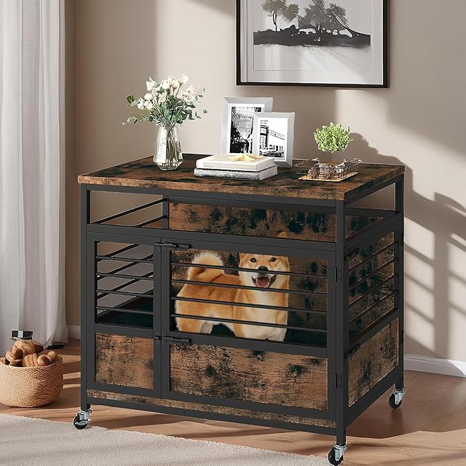 YITAHOME 32" Dog Crate Furniture with Wheels, Farmhouse Decorative Wood Dog Cage End Table Chew-Resistant Wooden Dog Kennel Indoor for Small Dogs, Rustic Brown