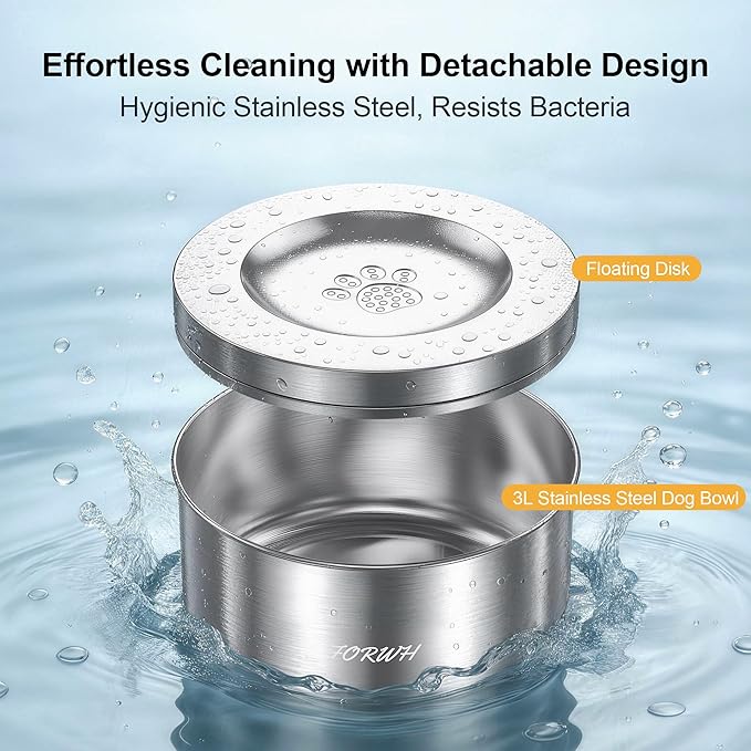 Stainless Steel Dog Water Bowl No Spill, 101oz/3L Large Capacity Pet Water Dispenser with Floating Disk, Non-Slip Slow Drink Feeder for Cat, Anti-Gulping & Splash Proof for Travel, Car & Home