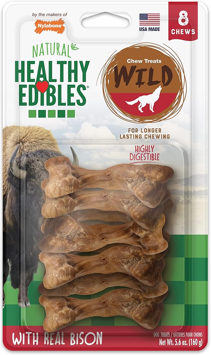 Nylabone Healthy Edibles WILD Natural Dog Chew Treats for Small Dogs, Long Lasting Dog Healthy Chew Bones Made in USA, Bison Flavor, For Dogs Up to 25 lbs. (8 Count)