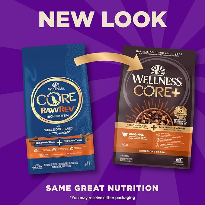 Wellness CORE+ Dry Dog Food with Freeze Dried Pieces, Wholesome Grains, High Protein, Natural, Original Turkey & Chicken Recipe, (20-Pound Bag)