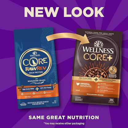 Wellness CORE+ Dry Dog Food with Freeze Dried Pieces, Wholesome Grains, High Protein, Natural, Original Turkey & Chicken Recipe, (20-Pound Bag)