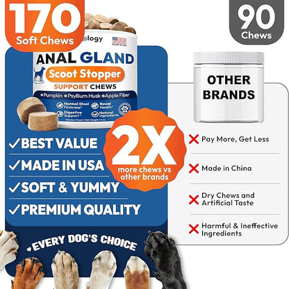Anal Gland Support Chews for Dogs - 170 Ct - Scoot Treatment - Dog Anal Gland Supplement - Pumpkin, Psyllium Husk, Fiber - Supports Gut Health & Stool Quality - Digestive Enzymes - Made in USA