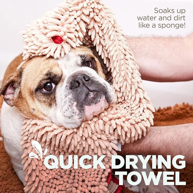 Soggy Doggy Super Shammy Dog Towel – Absorbent Microfiber Chenille Pet Towel for Drying Wet Dogs, Muddy Paws, Quick Dry Dog Shammy with Hand Pockets, Machine Washable – Beige/Red Trim, 31” x 14”