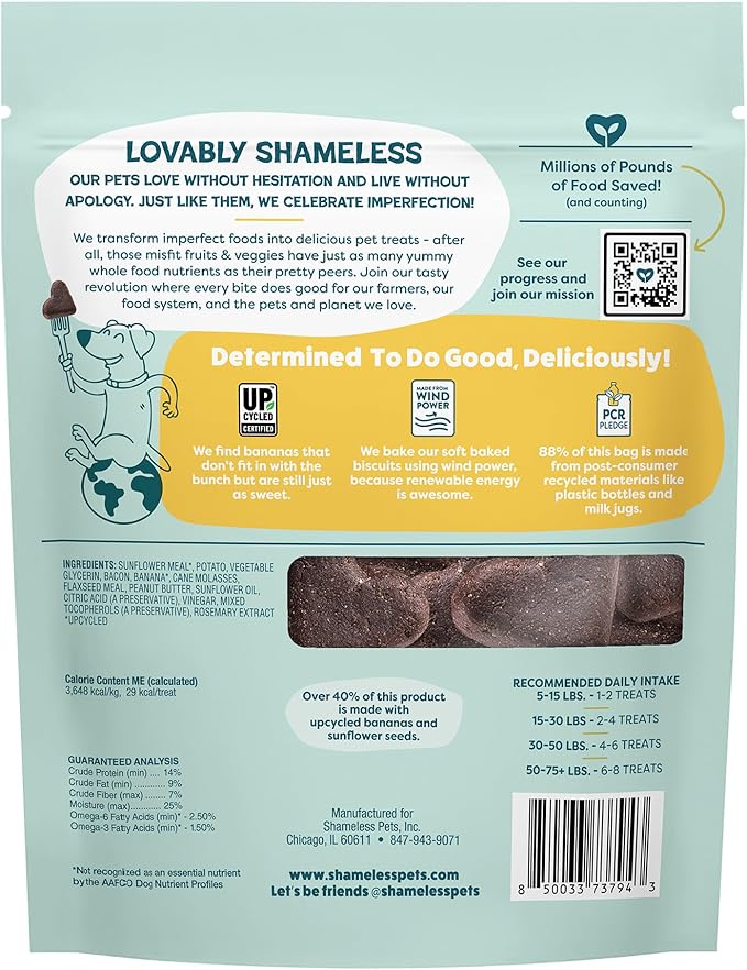 Shameless Pets Soft-Baked Dog Treats - Bananas for Bacon, Grain-Free Snacks for Medium & Large Dogs, Natural & Healthy Doggy Chews with Omega 3 & 6, Treats for Older & Senior Dogs, Made in USA