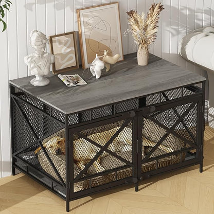 Dog Crate Furniture, Wooden Dog Kennel Table, Heavy Duty Large Indoor Dog House with Three Doors, 43" Large Size (Grey)