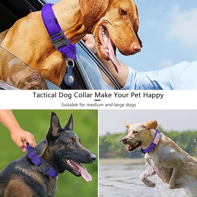 DAGANXI Tactical Dog Collar, Adjustable Military Training Nylon Dog Collar with Control Handle and Heavy Metal Buckle for Medium and Large Dogs, with Patches and Airtags Case (Purple, L)