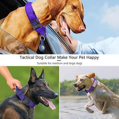 DAGANXI Tactical Dog Collar, Adjustable Military Training Nylon Dog Collar with Control Handle and Heavy Metal Buckle for Medium and Large Dogs, with Patches and Airtags Case (Purple, XL)
