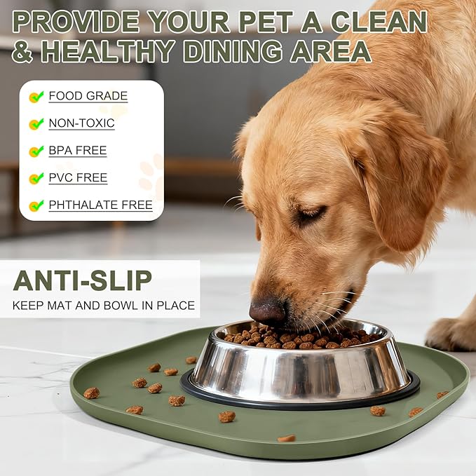 Small Silicone Pet Food Mat with Raised Edge for Food and Water Bowl, Square Dog Feeding Mats, Cat Food Trays for Floor Waterproof, Rubber Tray for Dogs and Cats, 12 x 12 x 0.7 Light Olive Green