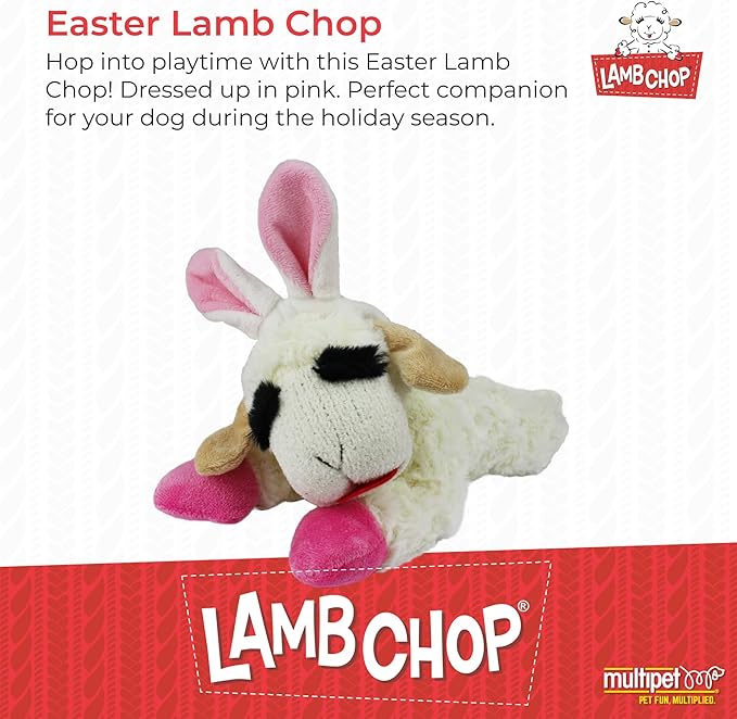 Multipet Lamb Chop Dog Plush Toy w/Easter Bunny Ears - Squeaky Toy for All Dogs - Extra Soft Plush - Stuffed Animal for Cuddling & Playing (6”, Cream/Pink)