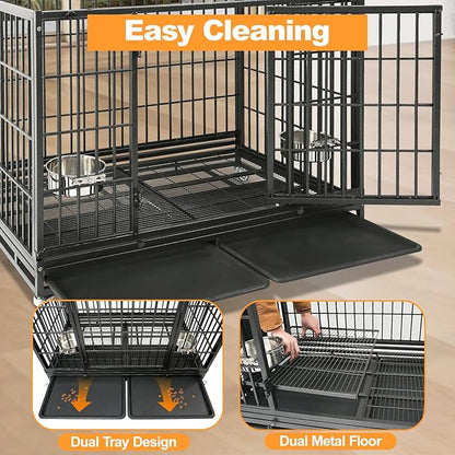 Homey Pet Large Dog Crates for Large Dogs, 47 Inch Heavy Duty Stackable Dog Cage with 2 Bowls, 4 Wheels, Double Removable Trays and Grids, Escape Proof Metal Wire Dogs Kennel Indoor