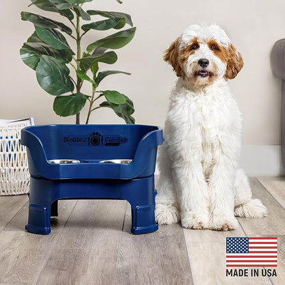 Neater Feeder Deluxe Mess-Proof Elevated Dog Bowls for Medium Dogs (19–40 lbs), 2 Height Adjustable (10” & 12.5”) No-Spill Raised Dog Bowl Stand, Stainless Steel Food Bowl Set, Made in USA, Dark Blue