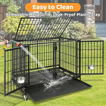 Homey Pet Stackable 43 inch Dog Crate Cage Kennel Indoor with Divider, 2X Steel Bowls, 4X Lockable Wheels, Tray, Heavy Duty Wire Dog Crates for Large/Medium/Small Dogs (Tall Model)