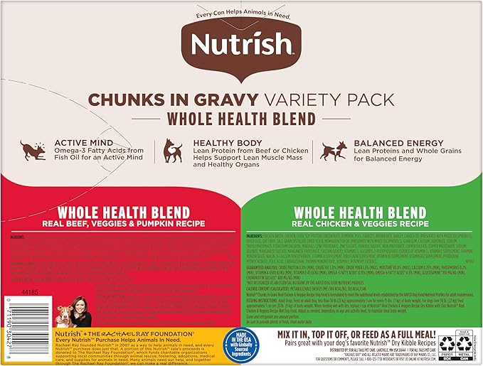 Nutrish Whole Health Blend Chunks in Gravy Variety Pack Wet Dog Food,13 oz. Can,(Rachael Ray),(Pack of 24)