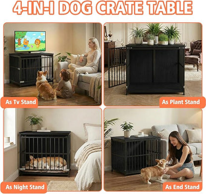 31.5" Dog Crate Furniture with Flip Door, Wooden Dog Kennel Indoor, Heavy Duty Pet Cage for Small Medium Dogs, Double Door Pet House End Table, Black