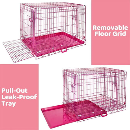 HOMEY PET 36 Inch Dog Crate, Cute Pink Dog Cage Collapsible Medium Dog Kennel Indoor, Nano-Coated Metal Wire Dog Crate with Removable Floor Grid Tray, Double Doors Dual Locks, Portable Handle