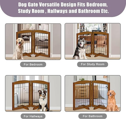 LZRS 2-Panel Freestanding Adjustable Wooden Dog Gate—30” Tall Foldable Pet Barrier with Support Feet, Solid Hardwood & Chew-Resistant Steel Wire for Doorways, Hallways, and Stairs, Oak Cherry
