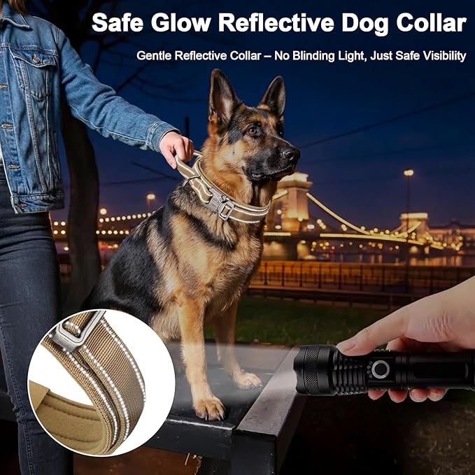 KCUCOP Heavy Duty Tactical Dog Collar and Leash Set, Military Training Nylon Reflective Collar with Handle Metal Buckle for Medium Large Dogs,Brown, XL (1 Patch Included)