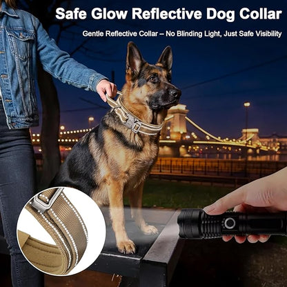 KCUCOP Heavy Duty Tactical Dog Collar and Leash Set, Military Training Nylon Reflective Collar with Handle Metal Buckle for Medium Large Dogs, Brown, L (1 Patch Included)