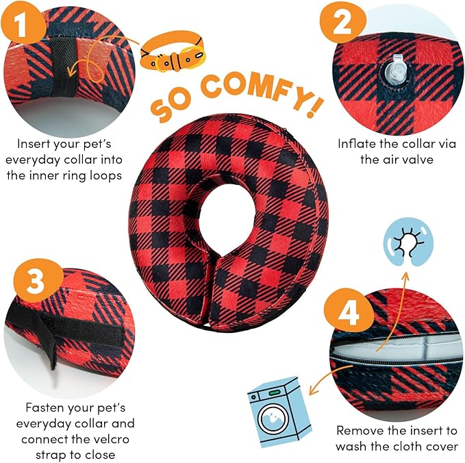 BENCMATE Inflatable Dog Cone Collar Alternative, Soft Dog Cone for Small Medium Large Dogs and Cats, Neck Recovery ECollar Donut Collar After Surgery (XLarge, Plaid)