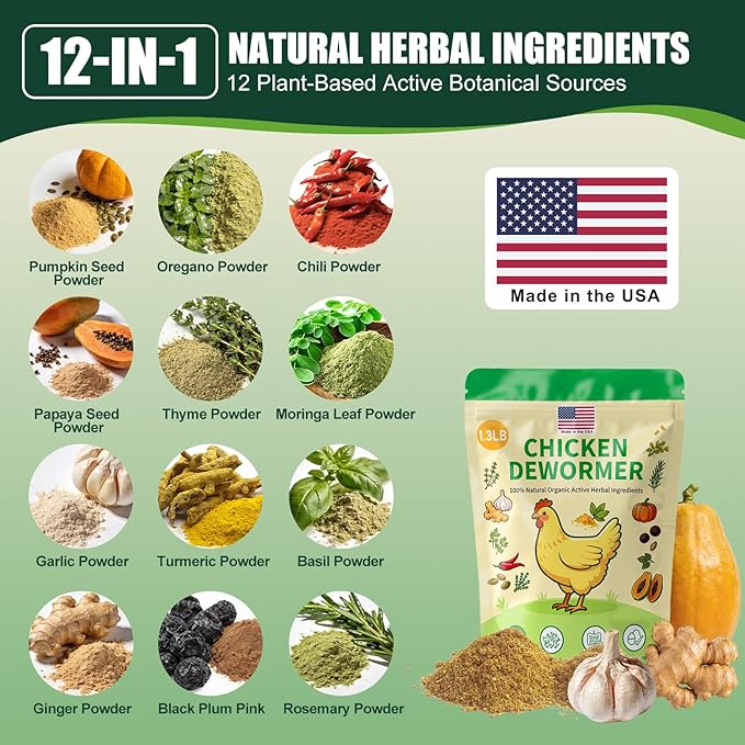 Natural Chicken De-wormer Powder (1.3 LB) | All-Natural Herbal Poultry Wormer for Laying Hens | Egg-Safe & Gentle for All Ages | Made in USA