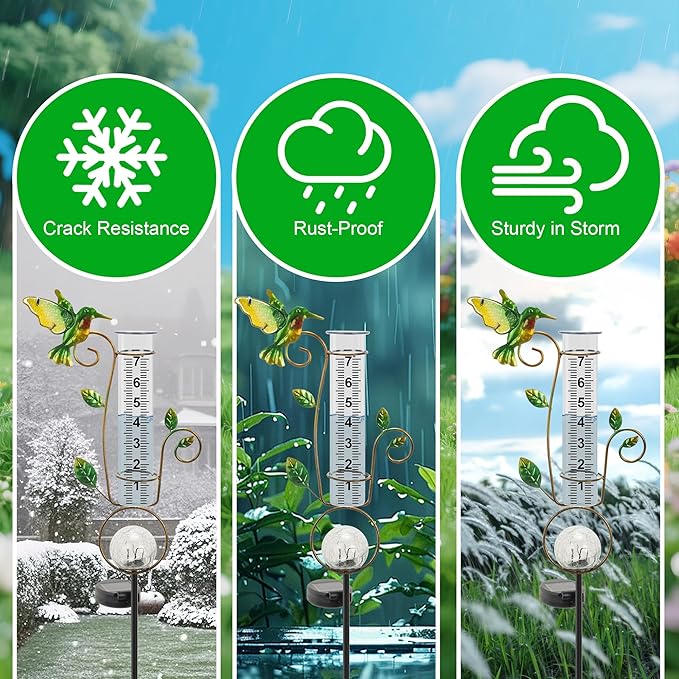Rain Gauge Outdoor - Solar Rain Gauges Hummingbird Decorative with Color Changing LED Cracked Ball Lights 7" Freeze Proof Tube Rain Gauge Outdoors Best Rated for Yard Lawn Patio Garden Decor