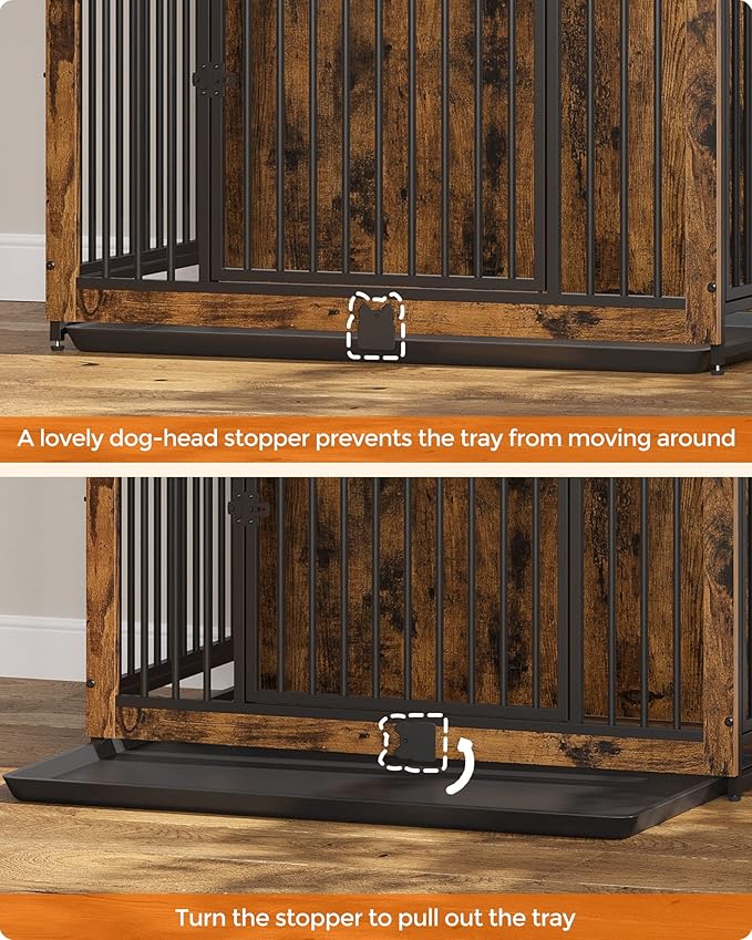 Feandrea Dog Crate Furniture, 38 Inches Dog Kennel for Dogs up to 70 lb, with Removable Tray, Heavy-Duty Dog Cage End Table Indoor, Double Doors Dog House, Easy to Clean, Rustic Brown