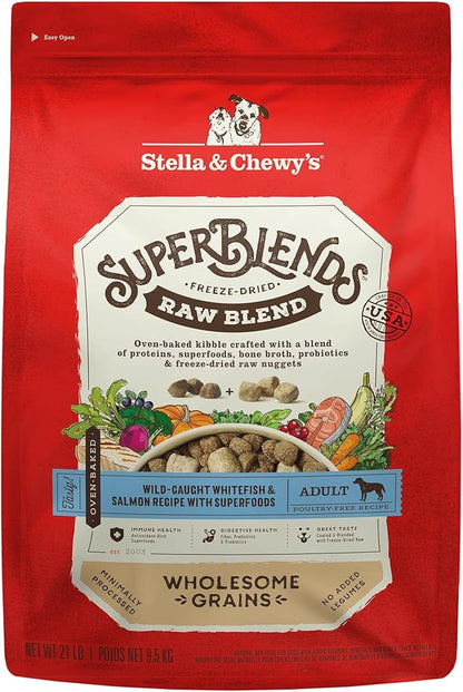Stella & Chewy's SuperBlends Raw Blend Wholesome Grains Wild-Caught Whitefish & Salmon Recipe with Superfoods, 21 lb. Bag