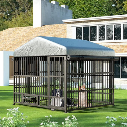 HOOBRO Outdoor Dog Kennel with Cover, 6.6 x 6.6 x 6.4 ft Dog Kennel Outside with Waterproof Roof and Rotating Feeding Bowls, Heavy-Duty Large Cage Enclosure, for Medium & Large Dogs, Black BK220GW03